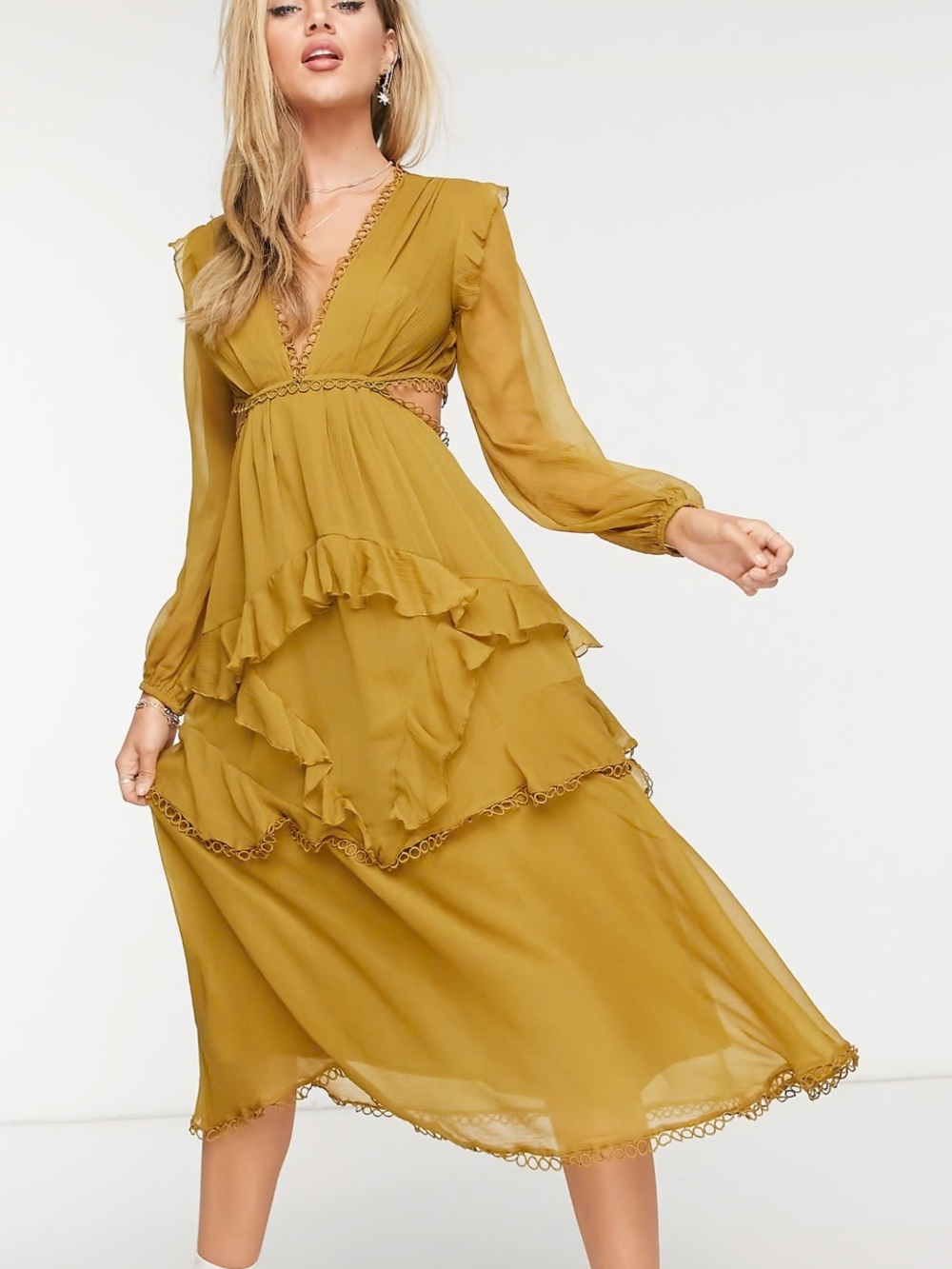 ASOS DESIGN midi dress with long sleeve and circle trim Mustard Tiered